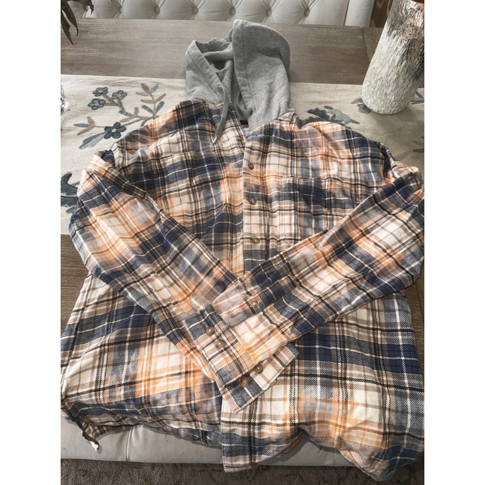 Urban Outfitters Plaid Flannel Hoodie Button Up Shirt Orange Blue Gray M